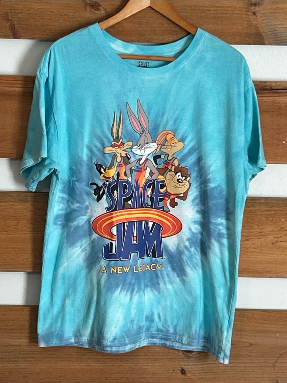 Space Jam Blue Tie Dye Large Colorful Graphic Tagless Short Sleeve Sporty Size L